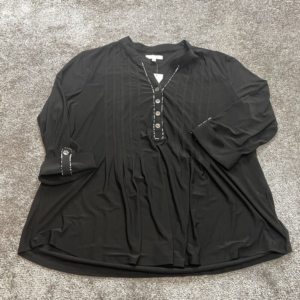 New Directions Blouse shirt womens XXL 2XL Black Long Sleeve Roll Henley New NWT